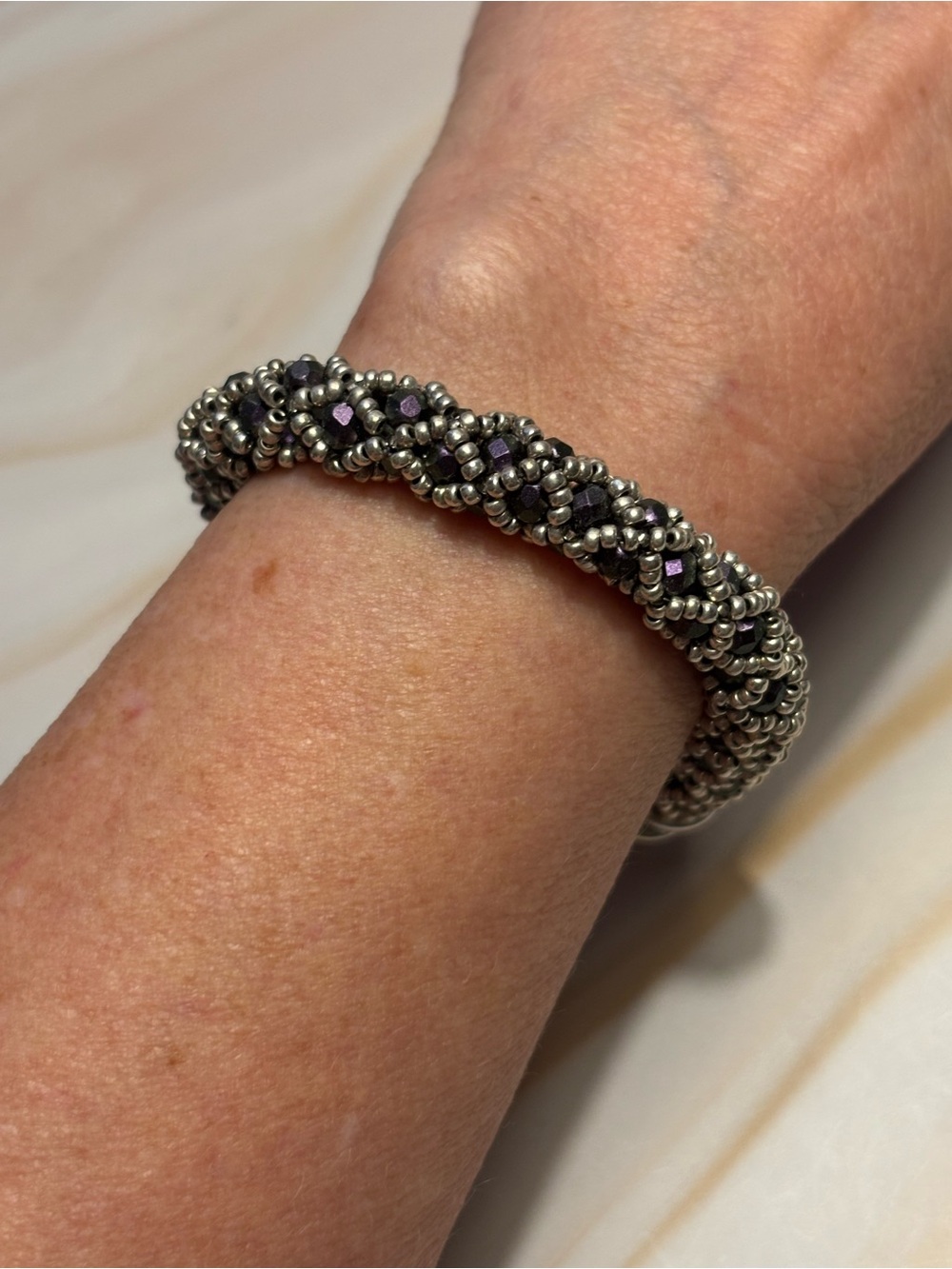 Handcrafted Spiral Beaded Bracelet with Purple & Silver Beads 8”
